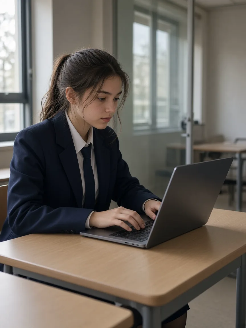 Applicant in school uniform completing a timed admissions assessment on a laptop in a quiet school room.