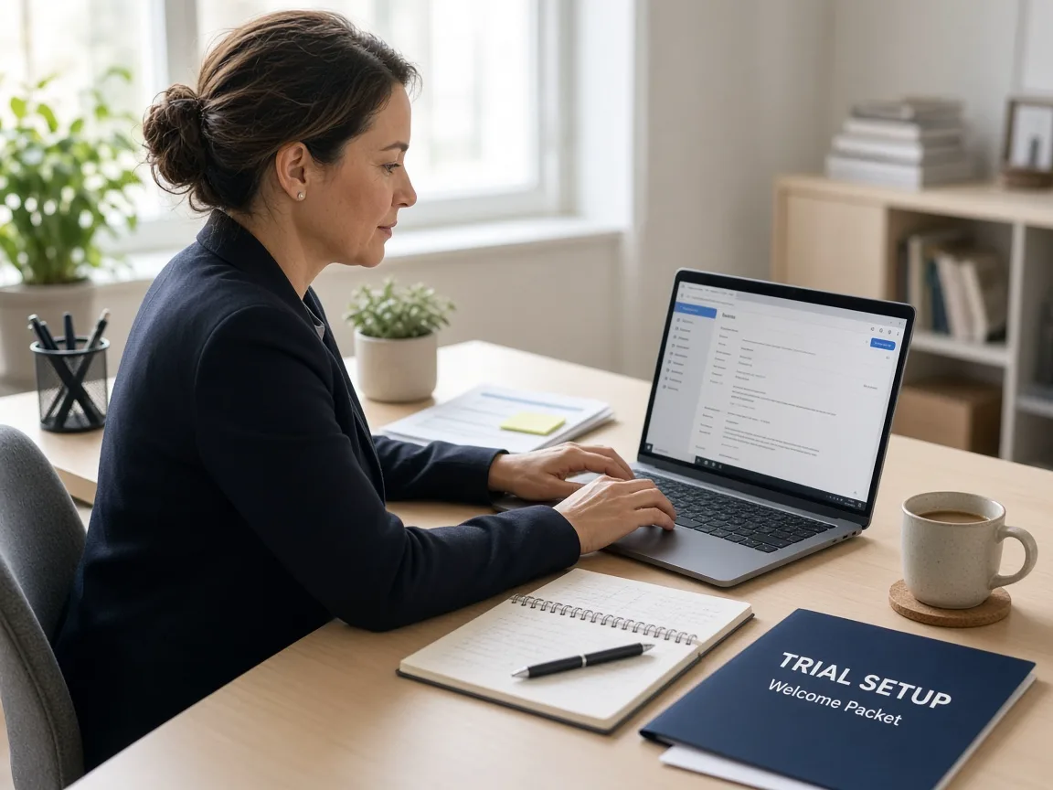 Admissions lead setting up a free trial at a desk with a laptop, notebook and trial setup folder.