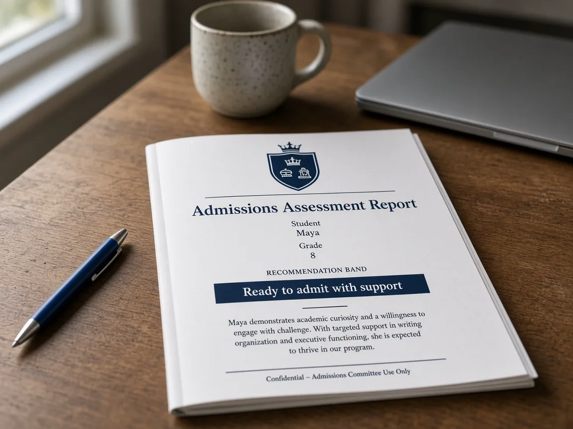 Printed admissions assessment report on a wooden desk showing a recommendation band ready for an assessor.