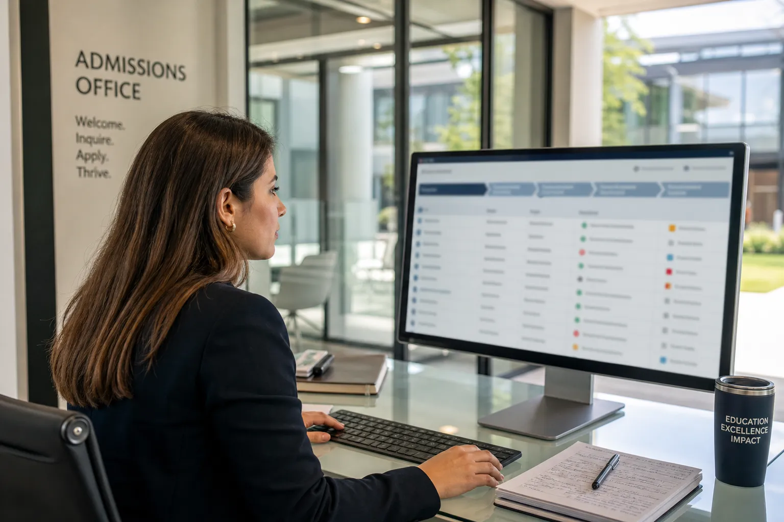 Admissions director reviewing a live intake pipeline on a large monitor.