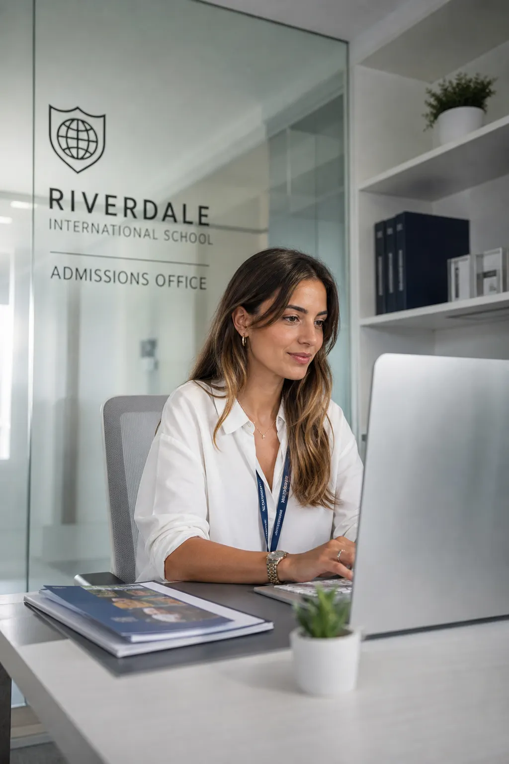 Illustrative: a young admissions officer reviewing a candidate file on a laptop.