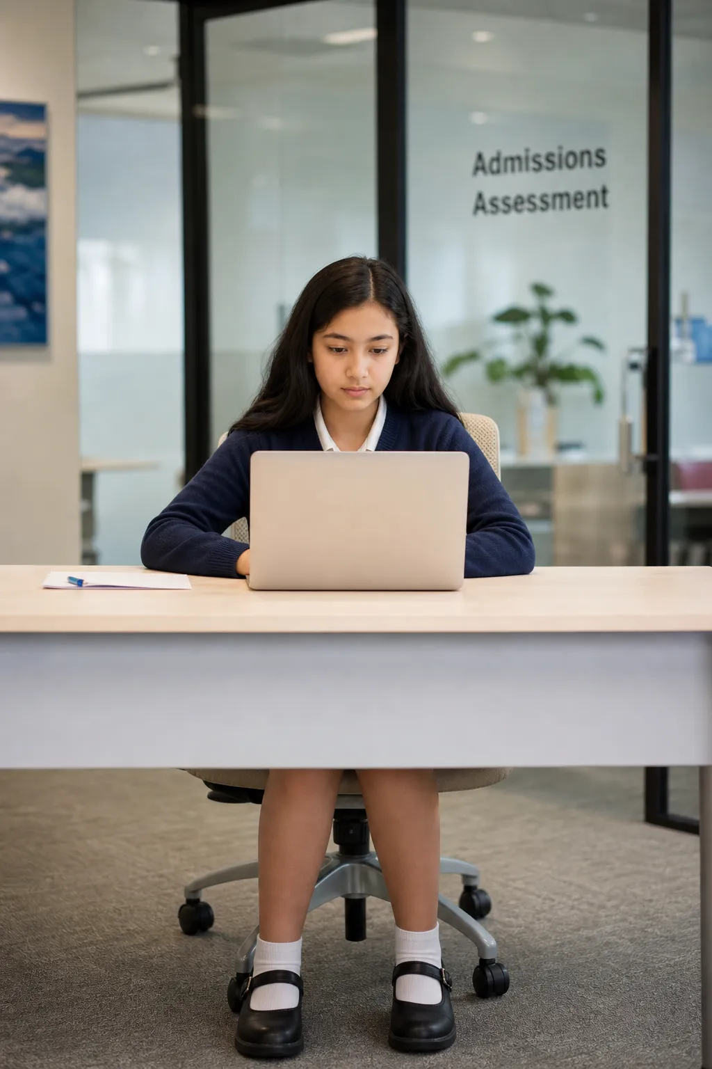 Illustrative: a young applicant taking an admissions assessment on a laptop in a modern office.