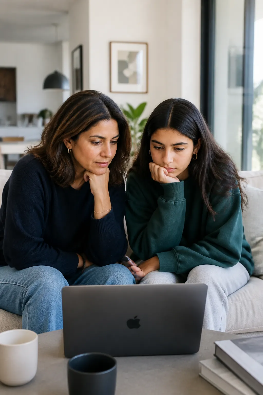 Illustrative: a parent and teenager reviewing news calmly together at home.