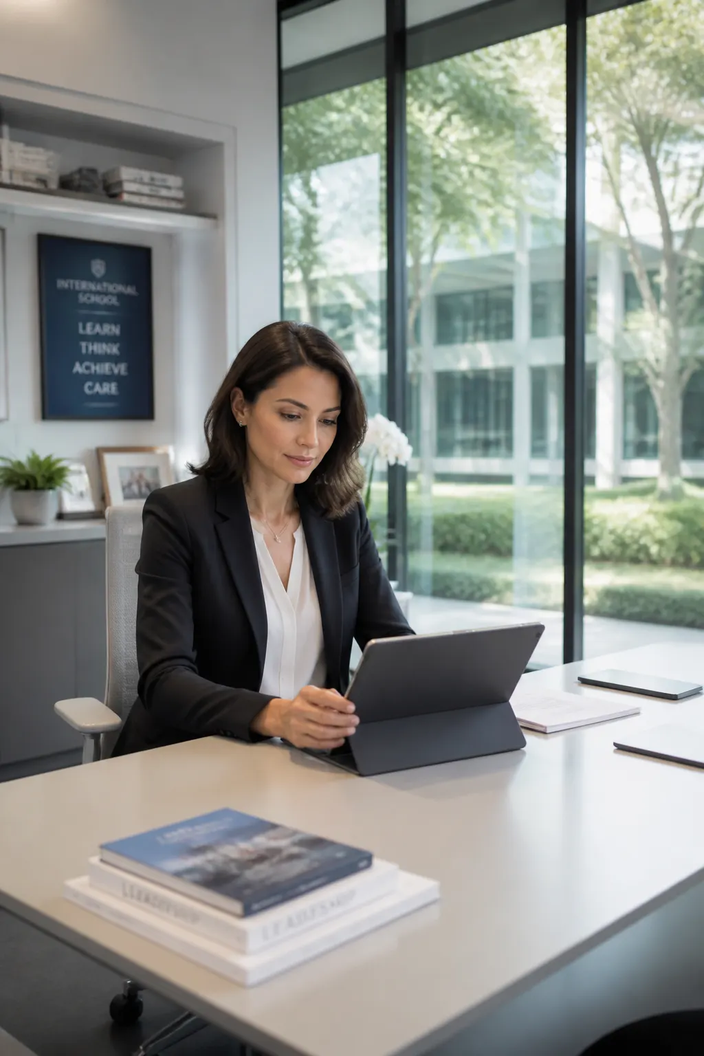 Illustrative: a school leader reading a report on a tablet in a contemporary glass office.