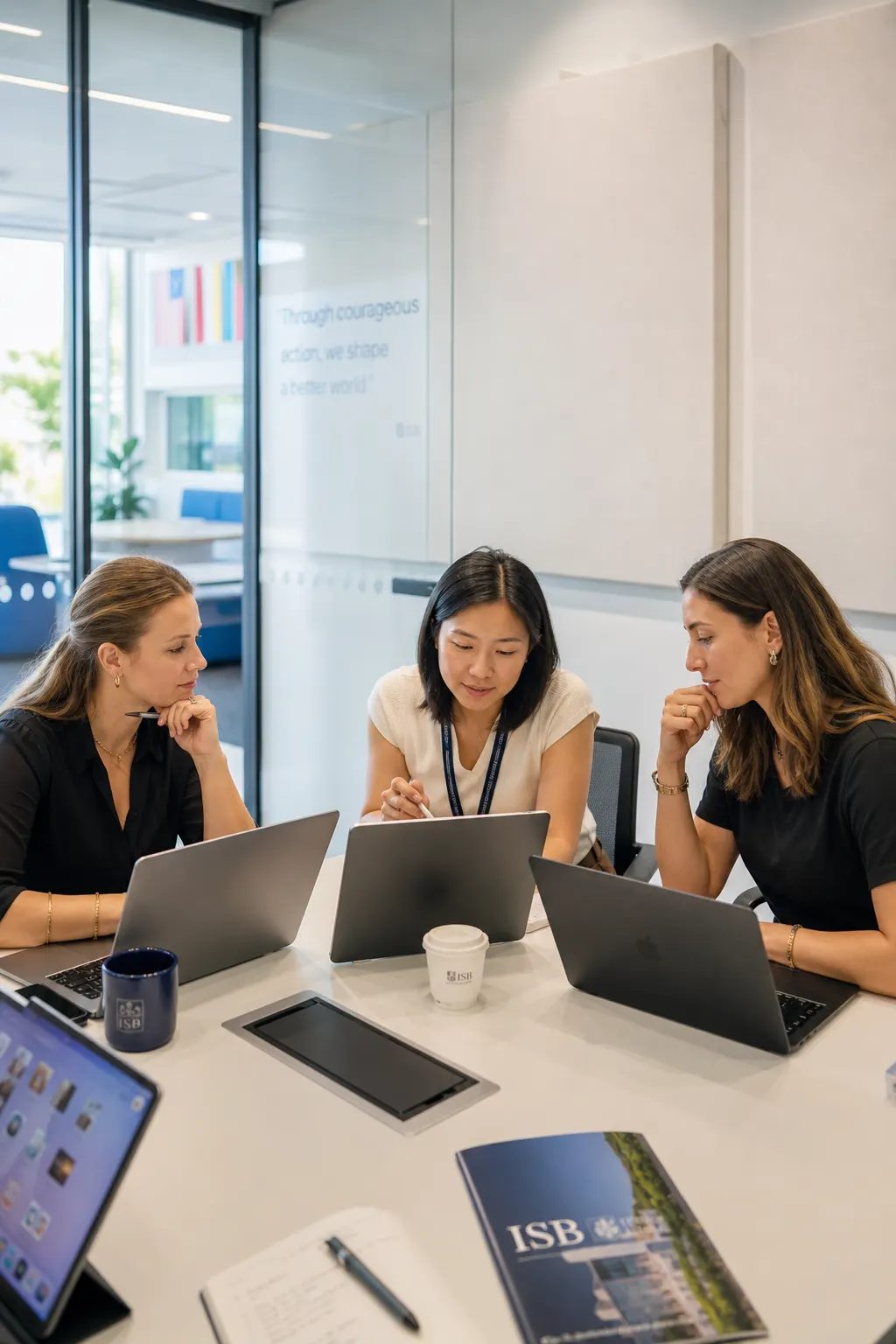Illustrative: admissions colleagues reviewing a candidate together in a modern meeting room.