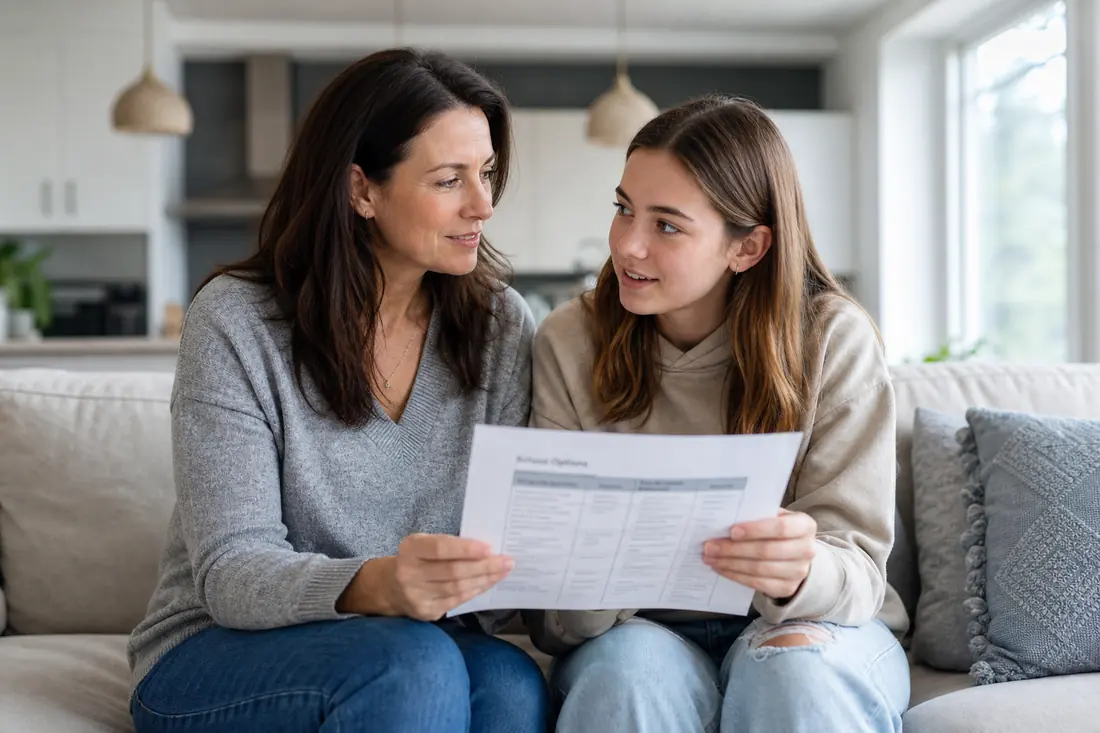 Parent and student reviewing options together at home.